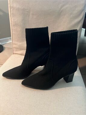 Women's Black Pointed Sock Ankle Boots - Stretch Knit Block Heel